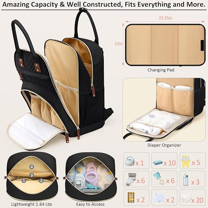 Diaper Bag Backpack for Women with Changing Pad, Baby Bag with Insulated Pockets Multifunctional Diaper Bags For Baby Girl Boy Waterproof Baby Bags For Boys Girls Maternity Bag Black