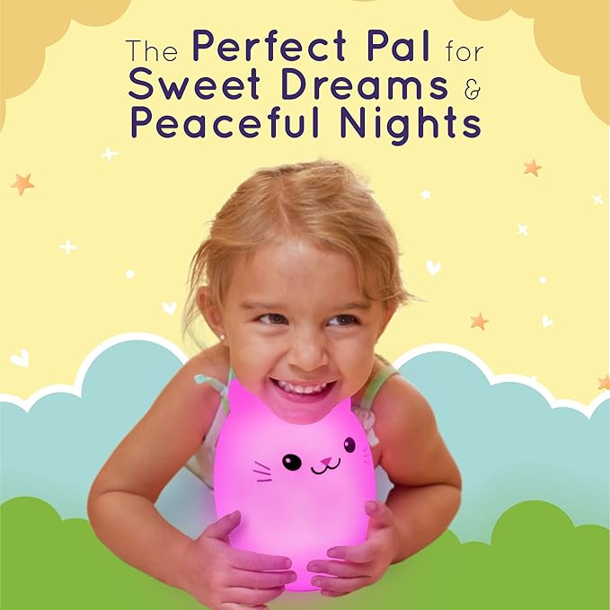 Lumipets Remote Control Silicone Night Light for Kids - Cat Design with 9 Soft Colors & Sleep Timer - Rechargeable, Battery-Operated Lamp for Bedroom | Baby Nursery, Toddler, Girls, Boys