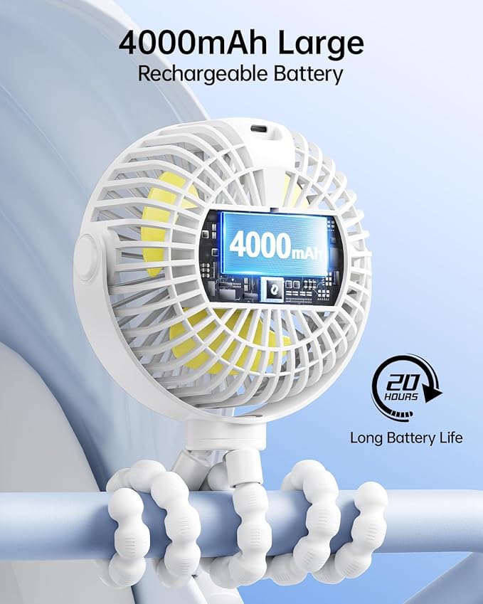 SWEETFULL Portable Stroller Fan with Display 4000mAh Battery Powered Mini Clip On Fan, 4-Speed Rechargeable Small Personal Cooling for Baby Car Seat Crib Travel - White