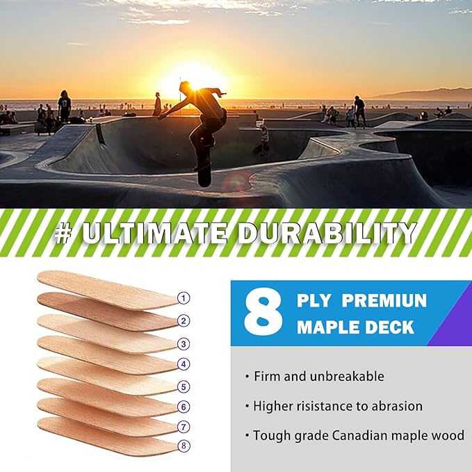 Skateboard,31 x 8 Inch Complete Skateboard, 8-Layer Maple Wood Deck Double Kick Standard Skateboards for Kids, Teens, Adult, Beginner