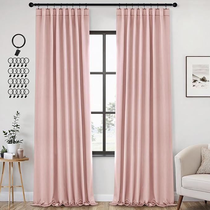 ANRODUO Light Pink Blackout Curtains for Girls Bedroom Living Room 96 Inches Long 2 Panels, Back Tab Rod Pocket Pinch Pleated Thermal Insulated Room Darkening Curtains, 52 x 96 Inch
