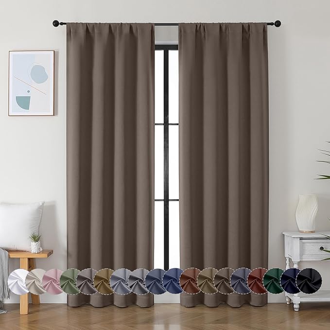 Simplebrand Ava Brown Blackout Curtains for Bedroom 84 Inch Length 2 Panels Set, Solid Thermal Insulated Privacy Living Room Window Treatment Curtains Blackout Drapes, W40 x L84 Inch, Brown