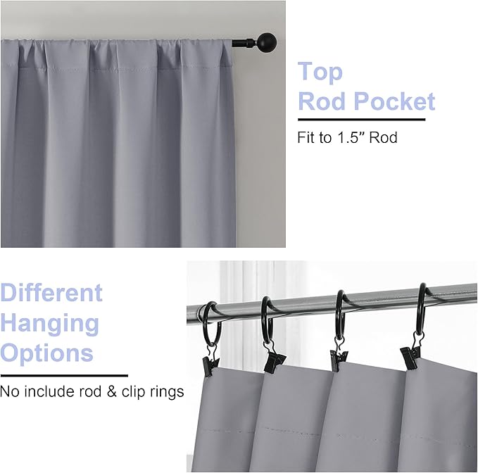 Simplebrand Ava Silver Grey Short Blackout Curtains for Bedroom 45 Inches Long 2 Panels, Solid Thermal Insulated, Energy Saving Window Treatment Curtains Blackout Drapes, W40 x L45 Inch, Silver Grey