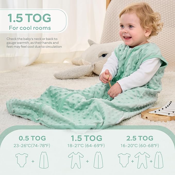 JELLYMONI Fleece Baby Sleep Sack 12-18 Months, 1.5 Tog Warm Winter Baby Wearable Blanket with Plush Dots and 2-Way Zipper, Cotton Toddler Sleep Sack