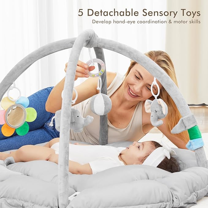 ANGELBLISS 5 in 1 Baby Play Gym Mat, Reversible Tummy Time Mat with 5 Sensory Toys for Stage-Based Developmental, Thick & Large Baby Activity Center from Newborn to Toddler (Grey)