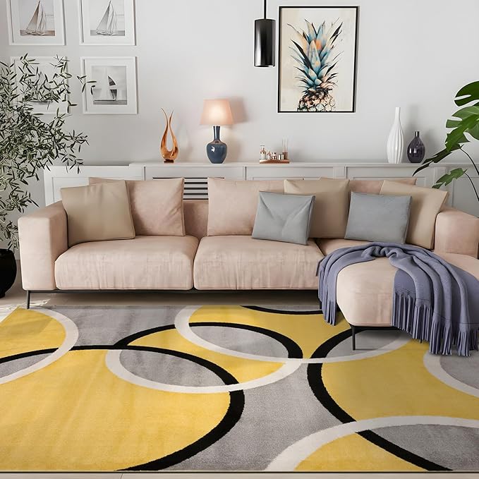 Rugshop Contemporary Abstract Circles Easy Maintenance for Home Office,Living Room,Bedroom,Kitchen Soft Area Rug 5' 3" x 7' 3" Yellow