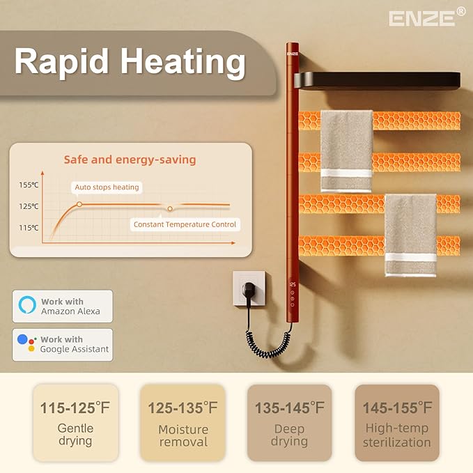 ENZE Smart Rotating Heated Towel Rack for Bathroom, Wall-Mounted Electric Towel Dryer with Swivel Bars & Shelf, Smart Timer, Low Carbon Steel, Plug-in/Hardwired, Towel Warmer with Wi-Fi App Control