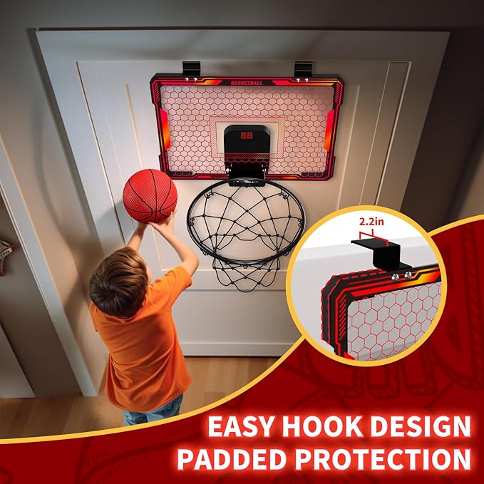 Mini Basketball Hoop Indoor with 7 LED Lighting, Scoreboard, 3 Modes, Volume Adjustable, Over Door Basketball Hoop Foldable, Basketball Toys for Kids Adults Gifts (Red)
