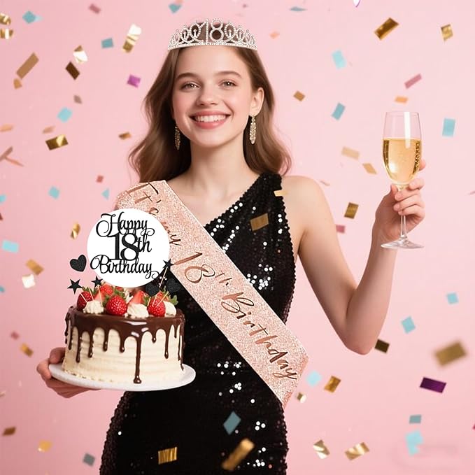 18th Birthday Decorations for Girls Women - 56pcs Rose Gold Happy 18th Banner, 18th Birthday Crown Sash, Cake Topper, Number 40 balloons, 3D Butterflies, 4 Balloon Stands kits