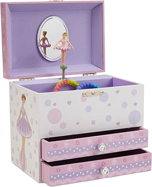Jewelkeeper Jewelry Box for Girls with Ballerina and Music Box - Dual Drawers and Spacious Storage - Swan Lake Tune - White and Purple Jewelry Keepsake Chest - 6 x 6.75 x 5.25 Inches