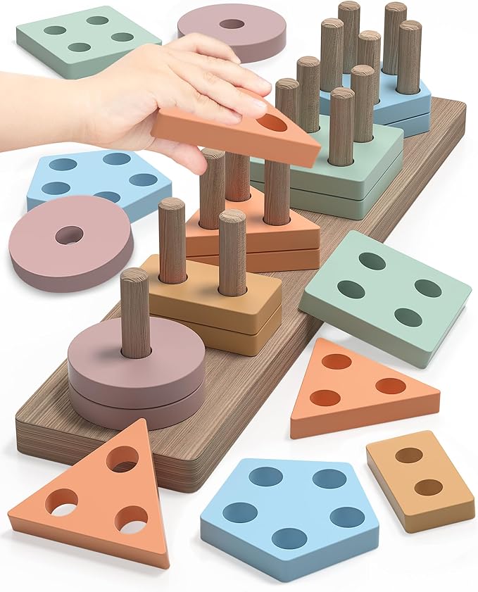 Montessori Toys for 1 2 Year Old Girl and Boy Birthday Gifts, Shape Sorter Wooden Toys for Toddlers Age 1-3 2-4, Learning Educational Sensory Stacking Toddler Puzzles