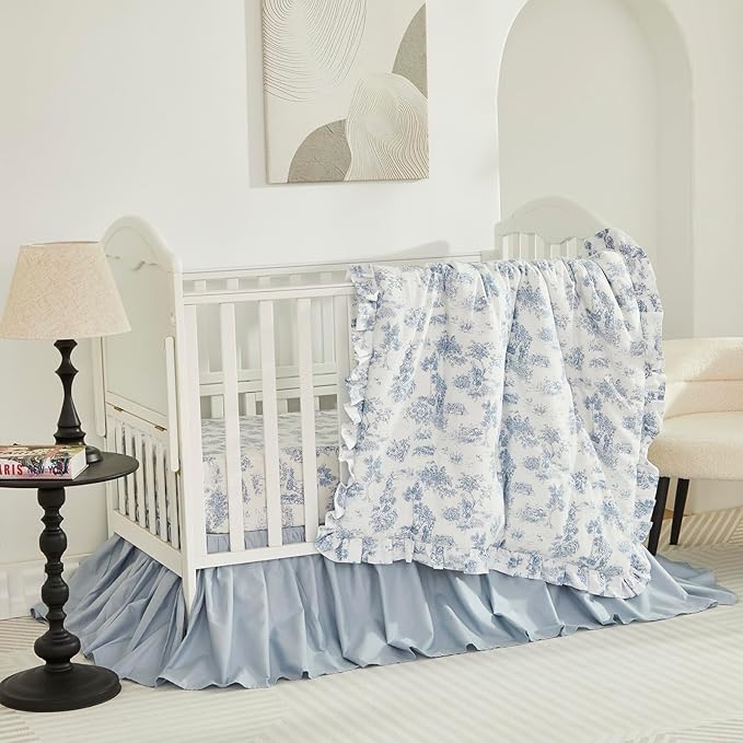 Brandream 3 Pieces French Country Toile Crib Bedding Set for Girls Vintage Blue Toile Floral Print 100% Cotton Baby Girl Nursery Bedding Collection - Ruffles Quilt,Toile Crib Sheet,Crib Bed Skirt