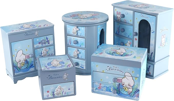 Girl Jewelry Box blue Cute bunny Tabletop Storage Box Little girl birthday christmas Gift kids jewelry box Organizer