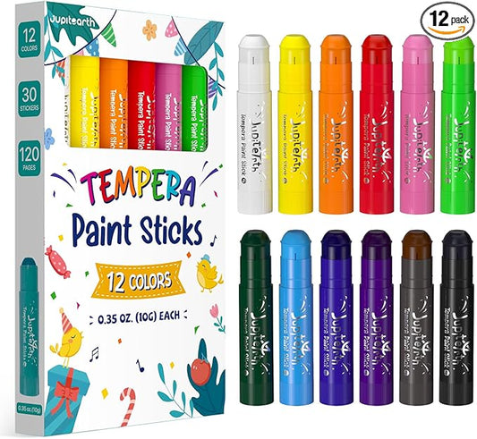 Paint Sticks for Kids 12 Colors, Quick Drying, Smooth, Non-Toxic and Washable Solid Tempera Paint Sticks with 120 PDF Coloring Pages and 30 Stickers, Toddler Art Supplies for Drawing