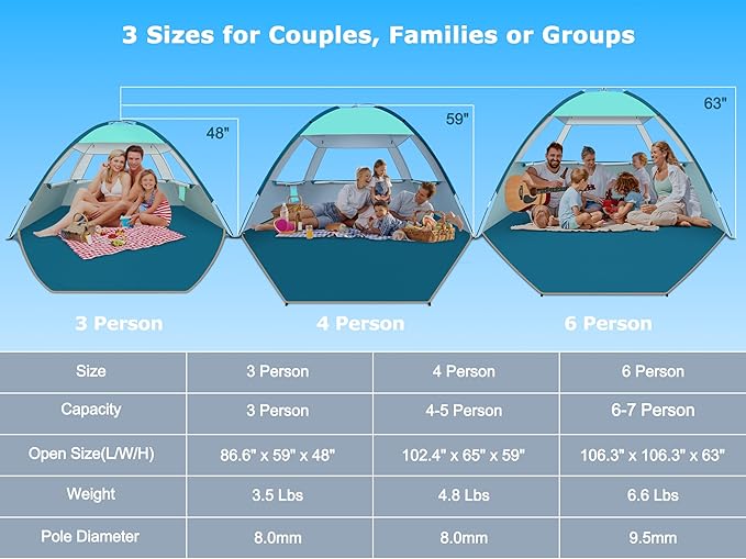 COMMOUDS Beach Tent Sun Shade for 3/4-5/6-7/8-10 Person, UPF 50+ Beach Sun Shelter Canopy Tent, Lightweight, Easy Set Up and Carry