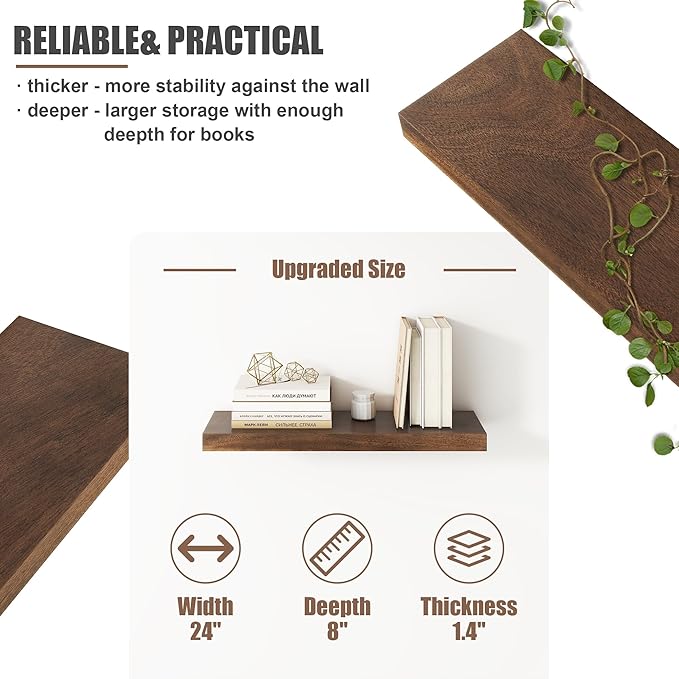 Floating Shelves for Wall, USA-Sourced Walnut Wood 24 Inch Wall Shelves Set of 2, Natural Wooden Wall Mounted Picture Ledge Shelf, Nursery Book Storage Shelf Kids Bookshelf, Display Shelf for Bathroom
