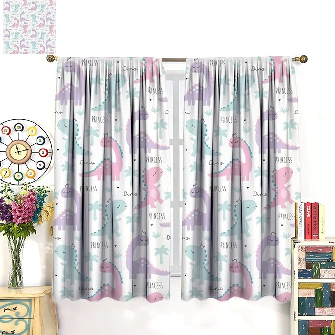 Kids Dinosaur Curtains for Boys Girls Bedroom Decor Cartoon Dino Colorful Cute Funny Animal Wildlife Printed Blackout Rod Pocket Window Drapes for Baby Nursery Playroom W21xL63in 2 Panels