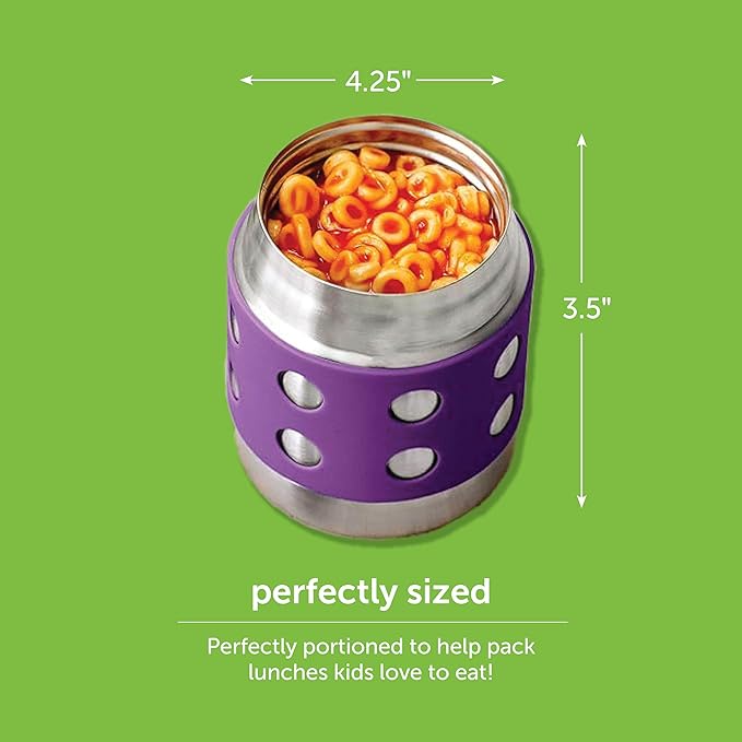 LunchBots Thermal 8 oz Triple Insulated Thermos - Hot 6 Hours or Cold 12 Hours - Leak Proof Thermos Soup Jar - All Stainless Interior - Navy Lid - Purple Dots