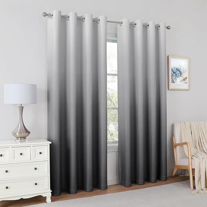 HOMEIDEAS Grey Gray Ombre Blackout Curtains 52 X 84 Inch Length Gradient Room Darkening Thermal Insulated Energy Saving Grommet 2 Panels Window Drapes for Living Room, Bedroom