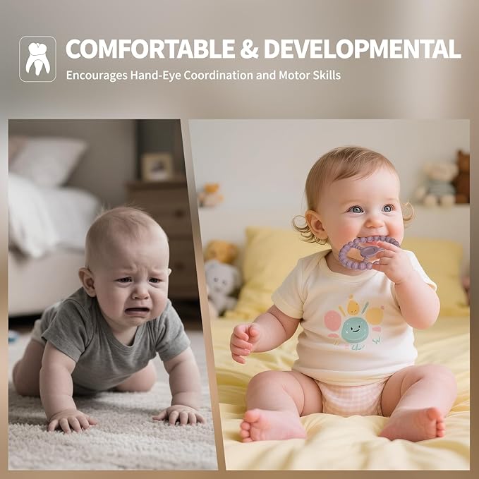 3 Pack Baby Teething Toys 3-6 Months, Silicone Ring Teethers for Babies 6-12 Months, Freezer Safe Chew Toy with Textured Grip for Boys Girls Teething Relief, Infant Easter Gift (Clay DustyRose Brown)