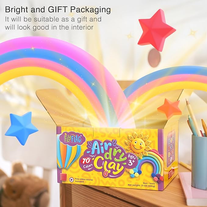 FlyFlag Air Dry Clay - 70 Colors, Ultra Light and Soft, Non-Toxic Modeling Clay for Kids with Tools and Tutorials, for Creative Play and Learning