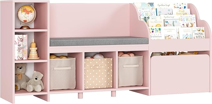 HOSTACK 67" Kids Reading Nook with Bench, Kids Bookshelf and Bookcase with Seat Cushion and 6 Storage Cubbies, Toy Storage Box on Wheels, Toy Chest for Playroom, Bedroom, School, Pink