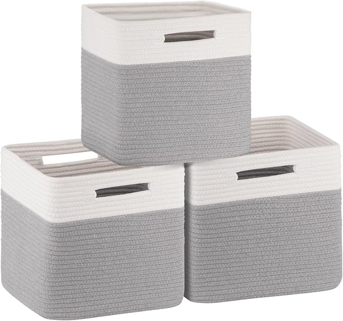 OIAHOMY Cube Storage Basket, 3-Pack Woven Cotton Rope Baskets for Storage, 11-Inch Cube Basket with Handles, Great for Shelves, Closets, Children's Toy Storage and Organization-White & Grey