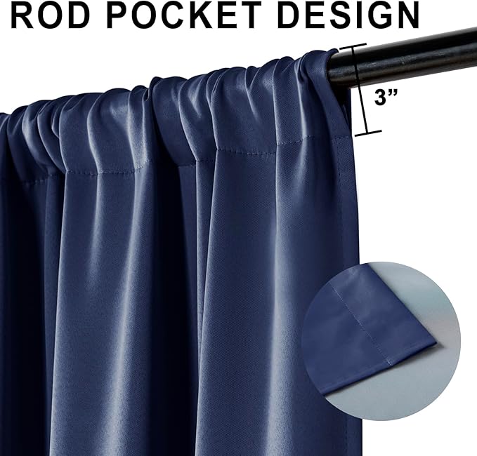 XWZO 100% Blackout Curtain Panels - Thermal Insulated Black Liner Rod Pocket Curtains, Noise Reducing Heat Blocking Drapes for Hall and Studio Windows with Tiebacks, Navy Blue, W42 x L45, Set of 2