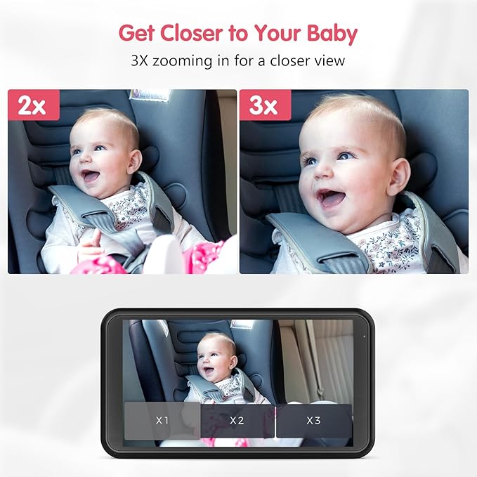 BM2 Car Camera for Baby, 5.2" 1080P Screen with 3X Zoom, Clear Rear-Facing View, 360° Rotating Lens, Easy Installation – Safety for Infants and Pets