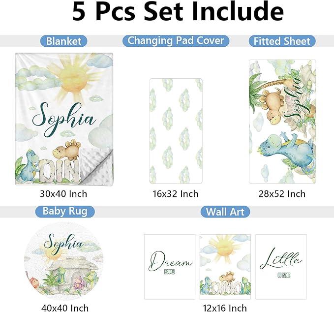 Personalized Baby Crib Bedding Set, 5 Pcs Custom Set With Name, Soft Double Layer Nursery Bedding, Flannel Dinosaur Set for Boys, Toddlers Newborns Customized Gift
