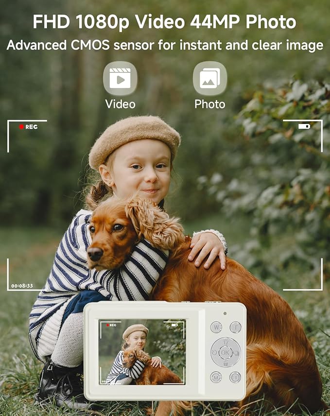 Digital Camera for Kids, FHD 1080P 44MP Point and Shoot Digital Camera with Face Detect, Smile Capture, 18X Zoom, 20 Filters, Anti Shake, 32GB SD Card White Compact Vintage Camera for Kids Boys Girls