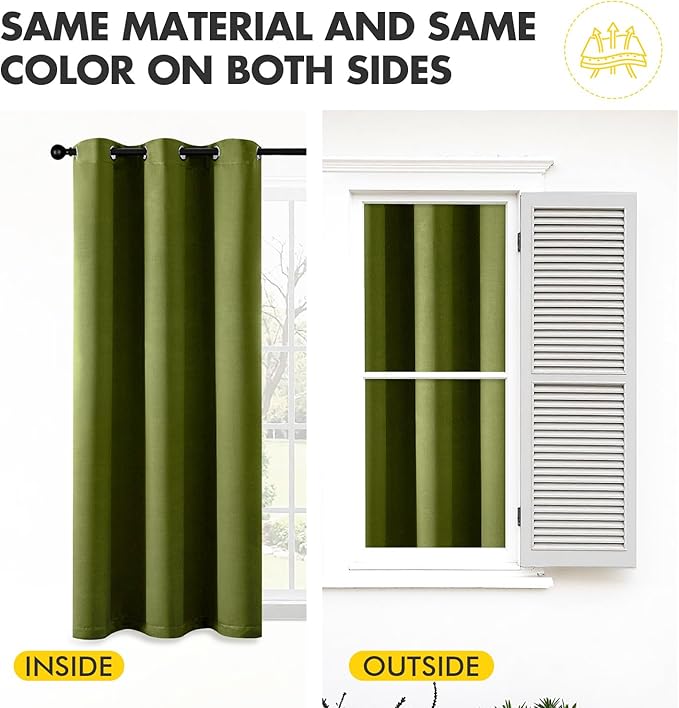 MIULEE Light Olive Green Blackout Curtains for Bedroom Living Room 96 Inches Long 2 panels, Thermal Insulated Room Darkening Drapes Grommet Top Noise Reducing Light Blocking Window Curtains 40x96 Inch