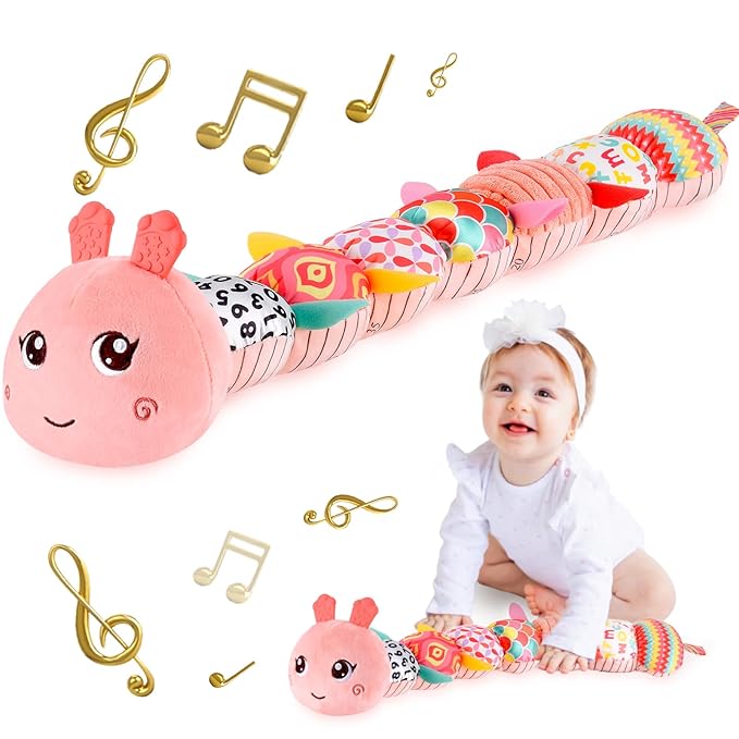 Infant Baby Musical Stuffed Animal Activity Soft Toys with Multi-Sensory Crinkle, Rattle and Textures for 0-3-6-12 Months Developmental Toys, Caterpillar, Pink
