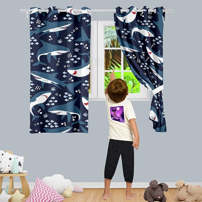 Shark Blackout Curtains 2 Panels 63" Inch Drapes Boys Curtains for Bedroom Cute Ocean Life Themed Grommet Top Thermal Insulated Boys Room Curtains for Nursery, Navy Blue, 82" x 63"