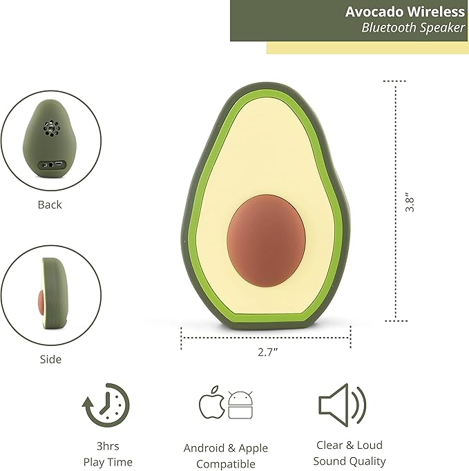 Avocado Bluetooth Wireless Speaker, Animal Design for Kids of All Ages, Average 3 Hours of Playtime, 3W Output, Compatible with iPhone and Android Devices