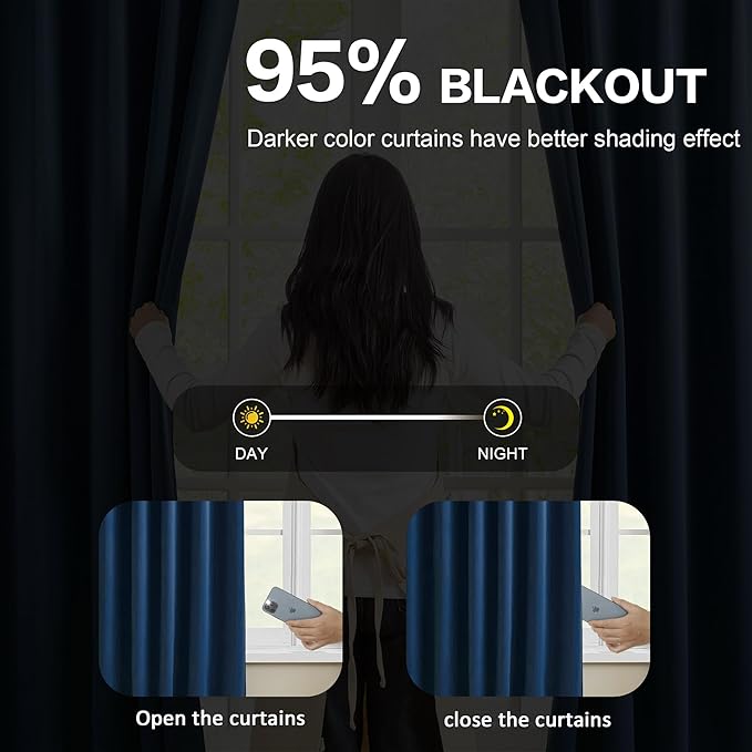 KEQIAOSUOCAI Pinch Pleated Blackout Curtains 2 Panels Set, Black Out with Hooks Thermal Insulated Room Darkening Privacy Window Curtain Panels for Bedroom(Navy Blue, 40 Wide x 45 Long)