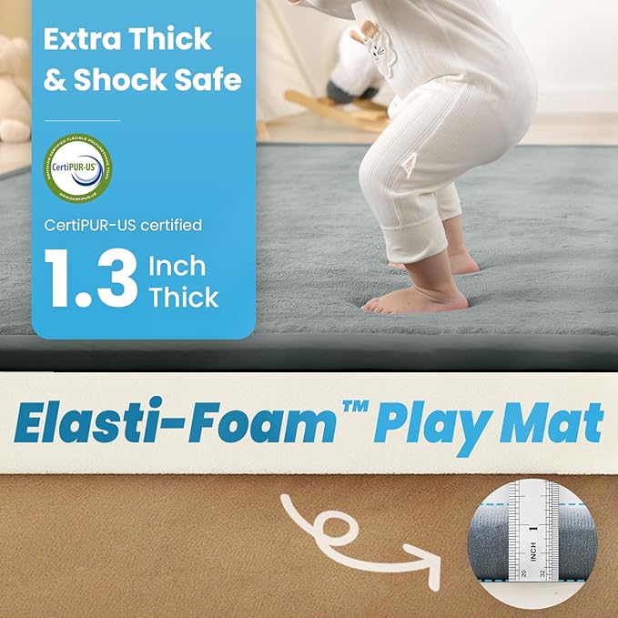 1.3" Thick Baby Play Mat for Floor, 39x59 Foam Tummy Time Mat, Padded Support Soft Plush Nursery Rug for Infant Kids Toddler Crawling Kick Activity (Light Grey)