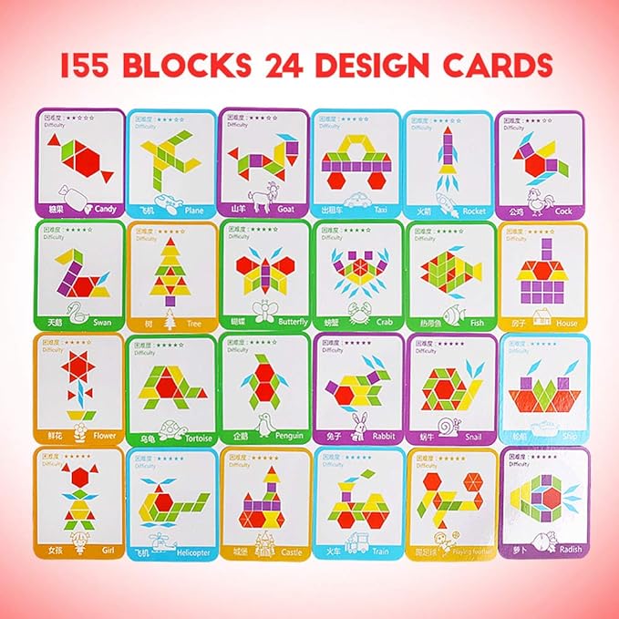 JCREN Wooden Pattern Blocks Montessori Toys Shape Puzzles Kindergarten Classic Educational Tangram Geometric Brain Teaser Toys Best STEM for Kids Ages 4-8 with 24 Pcs Design Cards