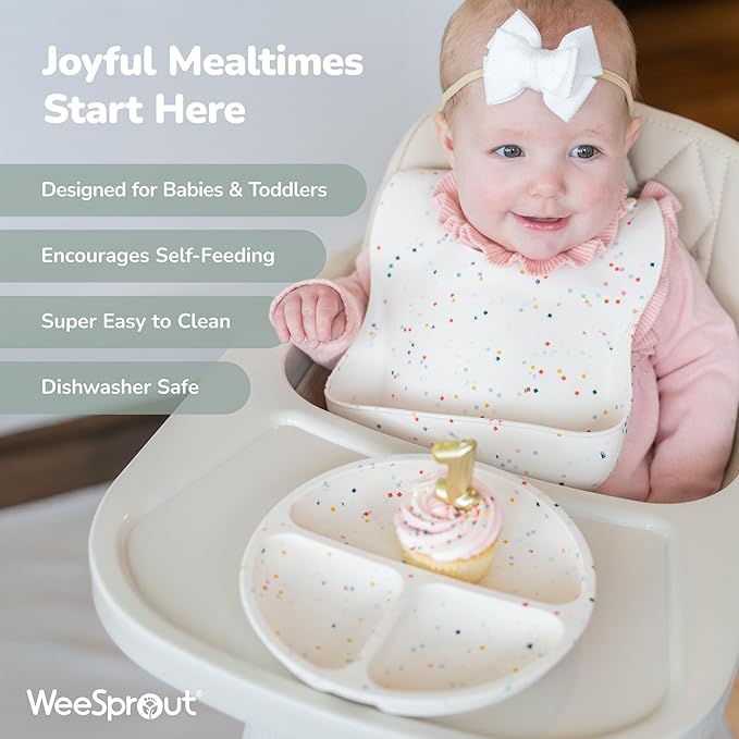WeeSprout Baby Led Weaning Bundle, Silicone Suction Bowl, Spoons, Bib & Cup, Develops Self Feeding Skills, Dishwasher Safe (Purple)