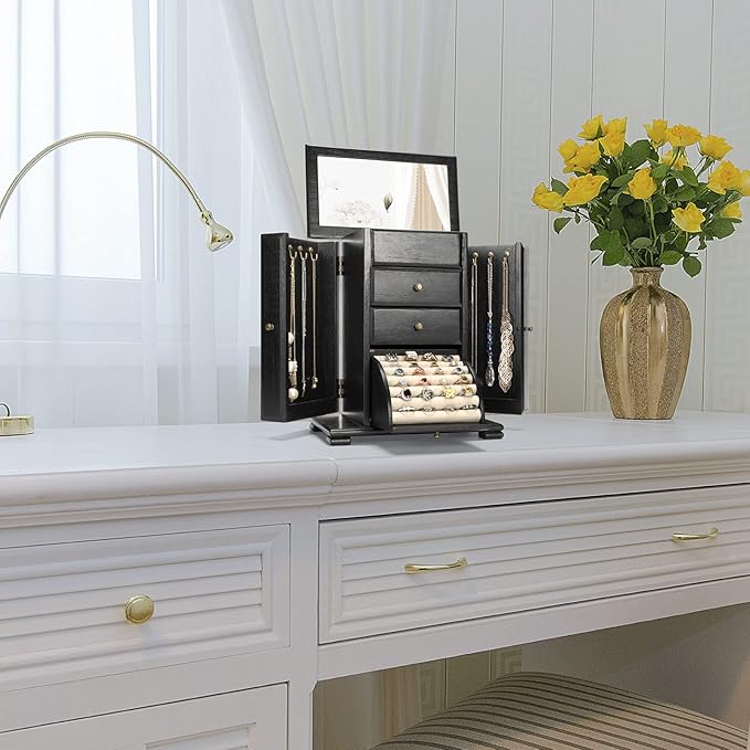 Jewelry Box for Women, Rustic Wooden Jewelry Boxes & Organizers with Mirror, 4 Layer Jewelry Organizer Box Display for Rings Earrings Necklaces Bracelets (Black)