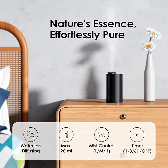 Waterless Diffuser for Essential Oil, Battery Operated Nebulizer, 0.7 Fl.Oz./ 20mL Capacity, Mini Scent Air Machine, 3 Countdown Timers & 3 Mist Levels for Home, Room, Car, Office, AN6 + Extra Nozzle