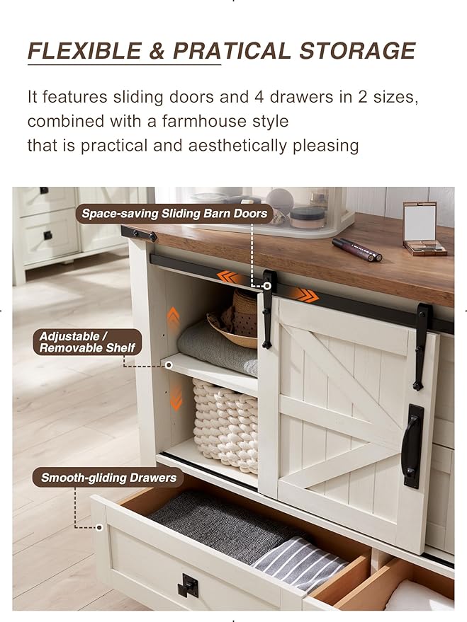 T4TREAM Farmhouse Dresser for Bedroom w/4 Drawers & Sliding Barn Doors, 48'' Wide Chest of Drawers, Rustic Dresser TV Stand w/Shelf, Organizer for Bedroom, Living Room, Entryway, Antique White