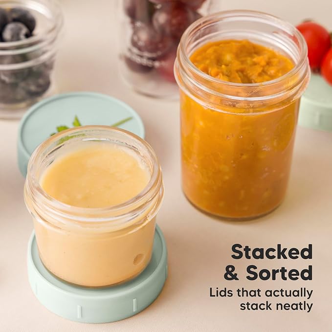 KeaBabies 4pk 8oz & 4pk 4oz Glass Baby Food Containers with Lids - Leak-Proof, Microwavable Small Glass Jars, Baby Purees & Toddler Snack Storage Containers, BPA-Free, Dishwasher & Freezer Safe(Sage)