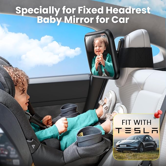 Fixed Headrest Car Mirror for Baby Rear Facing Fit Tesla Shatterproof Baby Mirror for Car Back Seat 360° Wide Clear View Never Shake Crash Tested Stable Velcro Strap Newborn Baby Essentials