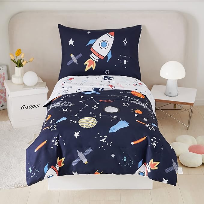 PERFEMET 4 Pcs Toddler Bedding Dark Blue Outer Space Printed Toddler Bed Set with Sheets Reversible Planet Rocket Pattern Bed in a Bag for Toddlers(Dark Blue, Planet/Rocket)