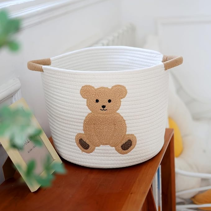 INough Cotton Rope Basket Toy Storage Baskets for kids Laundry Hamper, Gift Basket Empty Baby Shower Baskets with Handles, Cute Bins Blanket Stuffed Animal Storage for Nursery, Living Room Decor, Bear