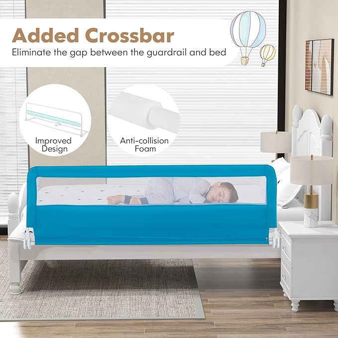 BABY JOY Bed Rails for Toddlers, 71'' Extra Long, Upgraded Swing Down Bed Guard w/Safety Strap, Folding Baby Bedrail for Kids Twin, Double, Full Size Queen & King Mattress (71-Inch, Blue)