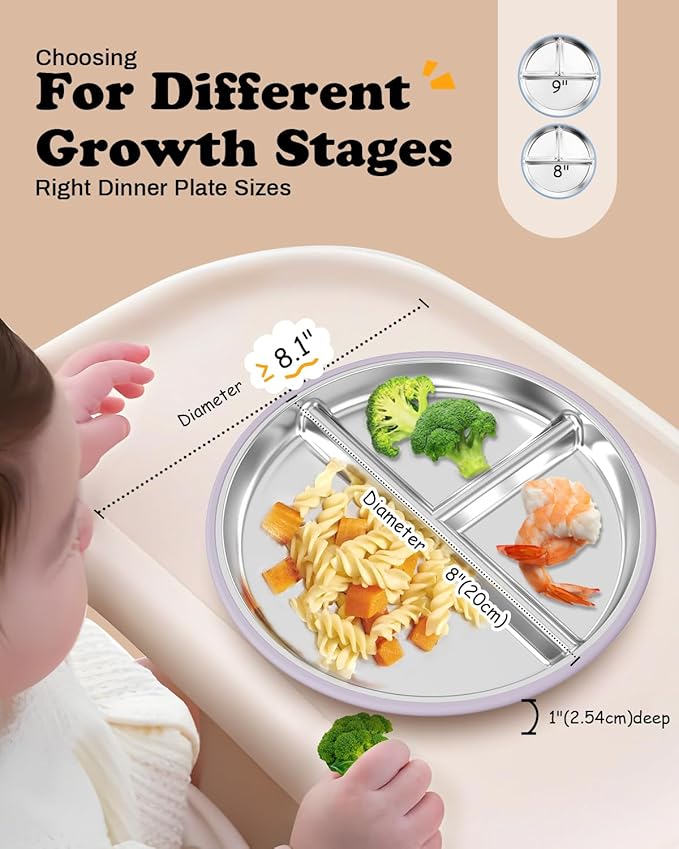 Stainless Steel Baby Plate with Suction, 8” Divided Toddler Plates with Removable Silicone Sleeves for Kids, Non-Toxic Non-Slip Unbreakable Dishwasher Safe Dinnerware Set of 2, Pink & Lilac