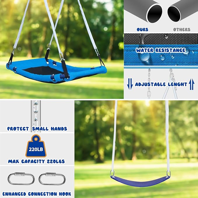 600lbs 6-in-1 Kids Swing Set, Backyard Playset with Belt & Platform Swings, Slide, Climbing Net, Basketball Hoop, Heavy-Duty A-Frame Metal Stand & 6 Anti-Tilt Stakes, Outdoor Gym for Ages 4-12
