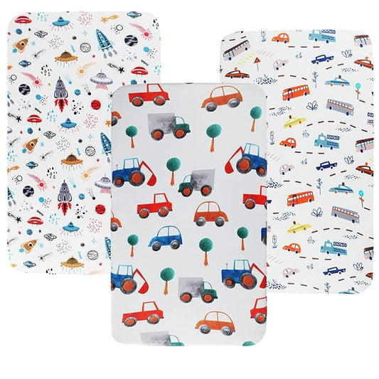 Pack n Play Sheet Stretchy Fitted Portable Mini Crib Sheets Set 3 Pack,Playard Sheets Convertible Playard Mattress Cover,Ultra Soft Jersey Material,Rocket Satellite,Car & Bus